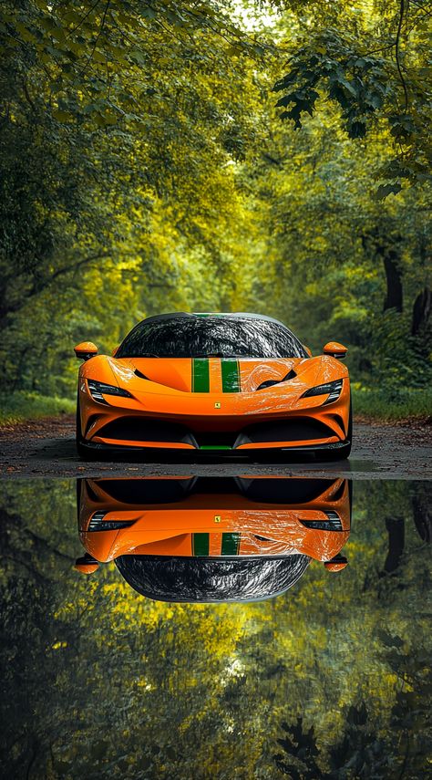 🚗✨ Rev up your mobile wallpaper with this stunning orange 2023 Ferrari SF90 Stradale! 🍊 With a bold green stripe on the hood and surrounded by a lush backdrop of vibrant trees, this striking image is sure to catch every eye. 🌳💚 Get ready to turn heads every time you unlock your phone! 📱💫 #Ferrari #CarLovers #MobileWallpaper #VibrantDesigns... Ferrari Phone Wallpaper, Ferrari Sf90 Stradale Wallpaper, Ferrari Sf90 Wallpaper, Orange Ferrari, Ferrari Hypercar, 2023 Ferrari, Ferrari Wallpaper, Ferrari Sf90 Stradale, Ferrari Sf90