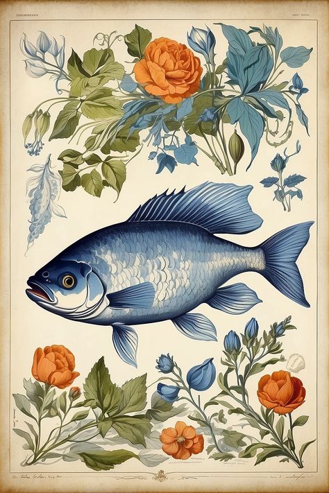 Leonardo Diffusion XL Vintage Kitchen fish Print Botanical Ar 0 Vintage Fish Poster, Florida Fish, Fish Illustration, Vintage Fishing, Fish Print, Vintage Kitchen, Junk Journal, Florida, Fish