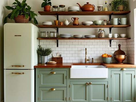 Transform your kitchen into a charming vintage haven! 🌿 Discover open shelving, elegant brass fixtures, and a gorgeous sage green cabinetry that beautifully complements subway tiles. The farmhouse sink and butcher block countertop create the perfect space for culinary creativity, while a retro refrigerator adds nostalgic flair. 🍽️✨ Green Kitchen Cabinets Subway Tile, Farmhouse Sink Green Cabinets, Green Subway Tile Kitchen, Dark Butcher Block Countertops, Colorful Farmhouse Kitchen, Sage Green Cabinets, Kitchen Open Shelves, Green Subway Tile, Butcher Block Countertop