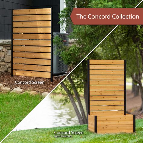 Elevate your outdoor living space with our premium cedar privacy screen and planter box from the Concord Collection. Designed to complement our single panel, no-dig Concord Privacy Screen (EC18022), this decorative yet functional piece transforms your patio, deck, yard, or garden into a serene oasis. Measuring 73”H x 41”W x 26.5”L when assembled, and featuring a spacious 18.5”H x 41”W x 26.5”L planter box, this unit offers ample space for growing plants and flowers. Crafted from 100% FSC certified wood and finished with an environmentally safe water-based stain, our patented screen promotes efficient airflow, making it perfect for concealing air conditioners, trash cans, pool equipment, and more. The environmentally friendly, BPA and lead-free planter box liner ensures safe cultivation of Planter Box Liners, Wood Privacy Screen, Outdoor Privacy Fence, Natural Gas Patio Heater, Hide Trash Cans, Outdoor Privacy Screen, Privacy Fence Panels, Patio Privacy Screen, Privacy Fence Screen