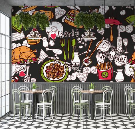 Restaurant Wall Mural Ideas, Wallpaper For Restaurant Wall, Restaurant Wallpaper Design, Restaurant Wall Design Ideas, Wall Graphics Restaurant, Food Mural, Restaurant Mural, Restaurant Design Rustic, Restaurant Wallpaper