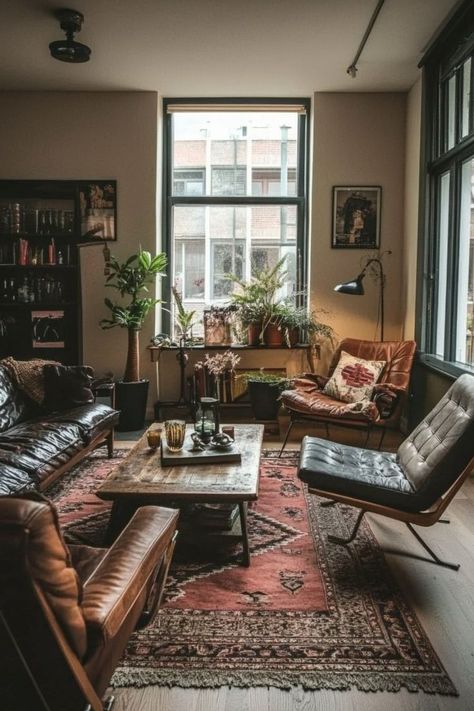 Leather Couch Aesthetic Dark, Antique Themed Living Room, Cozy Dark Wood Living Room, Vintage Bachelor Pad, Antique Industrial Living Room, Vintage House Living Room, Grandpa Chic Interior Design, Masculine Vintage Living Room, Retro Vintage Living Room