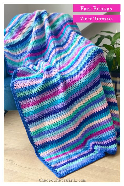 Half Granny Stripe Blanket Free Crochet Pattern and Video Tutorial Striped Crochet Blanket Pattern Free, Granny Square Stripe, Crochet Granny Stripe Blanket, Granny Stripe Blanket, Granny Stripe, Striped Crochet Blanket, Lovey Crochet, Stripe Blanket, Tag Blanket