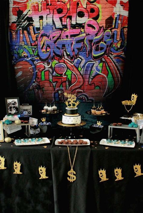 Check out this cool West Coast 90's HipHop birthday party! See more party ideas and share yours at CatchMyParty.com #catchmyparty #partyideas #90'sbirthdayparty #hiphopbirthdayparty #hiphopdesserttable #grownupbirthdayparty #hiphop #westcoasthiphop Trap Party Ideas, West Coast Themed Party, West Coast Party Theme, Hiphop Party Decorations, 90s Rap Party, Rapper Themed Birthday Party, 90’s Hip Hop Party, 90s Hip Hop Party Decorations, Hip Hop Party Theme