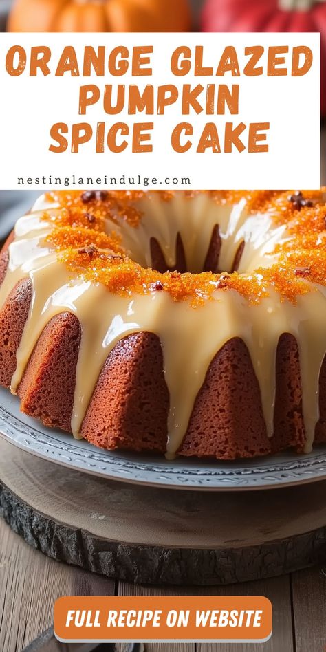 Orange Glazed Pumpkin Spice Cake is a delicious dessert packed with warm fall flavors. This cake is made with pumpkin, brown sugar, pumpkin pie spice, chopped walnuts, and sweet raisins. Topped with a bright orange glaze made from fresh orange juice and zest, it’s the perfect blend of sweet and tangy. Whether you're serving it for a family gathering or just a treat at home, this cake will satisfy your cravings for both pumpkin and citrus. Orange Pumpkin Cake, Pumpkin Spice Bundt Cake, Spice Bundt Cake, Pumpkin Spice Cake Recipe, Pumpkin Bundt Cake Recipes, Spice Cake Recipe, Spice Cake Recipes, Glaze For Cake, Pumpkin Bundt Cake