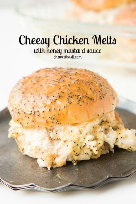 Chicken Melt Recipe, Chicken Melt, Chicken Melts, Oh Sweet Basil, Food Chicken, Slider Recipes, Sweet Basil, Club Sandwich, Cheesy Chicken