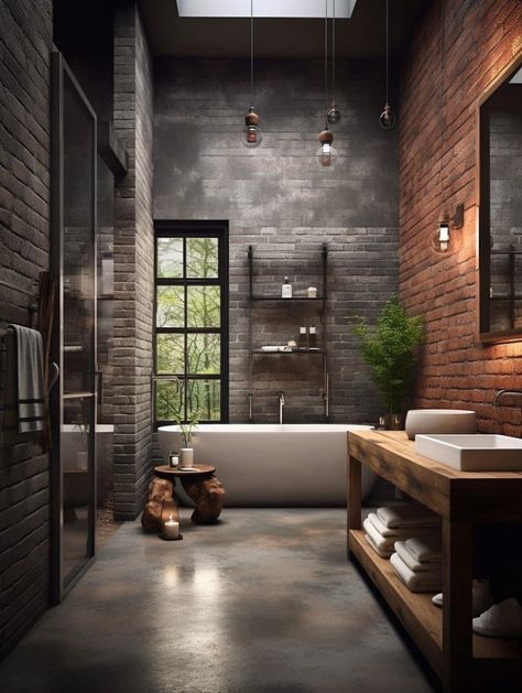 Exposed Brick Bathroom, Modern Industrial House, Brick Bathroom, Loft Luxury, Industrial Bathroom Design, Industrial Style Bathroom, Brick Interior, Loft Bathroom, Industrial Home Design