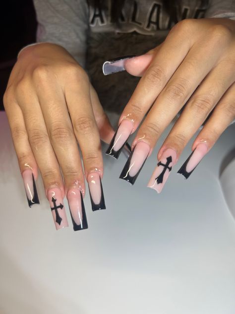 Black French Cross Nails, Black French Tip Long Nails, White Nails With Black Cross, Baddie Black French Tip Nails, Black French Tip With Cross, Black French Tip Nails With Cross, Short Nails With Cross, Black Acrylic Nails Square, Black Nails With Cross Design