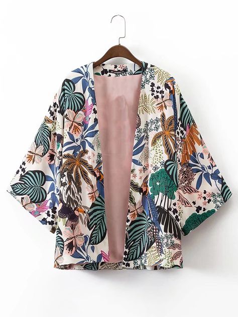 Shop Tropical Print Open Front Kimono online. SheIn offers Tropical Print Open Front Kimono & more to fit your fashionable needs. Moda Kimono, Kimono Online, Loose Kimono, Open Front Kimono, Kimono Floral, Kimono Shirt, Mode Kimono, Cardigan Kimono, Womens Kimono