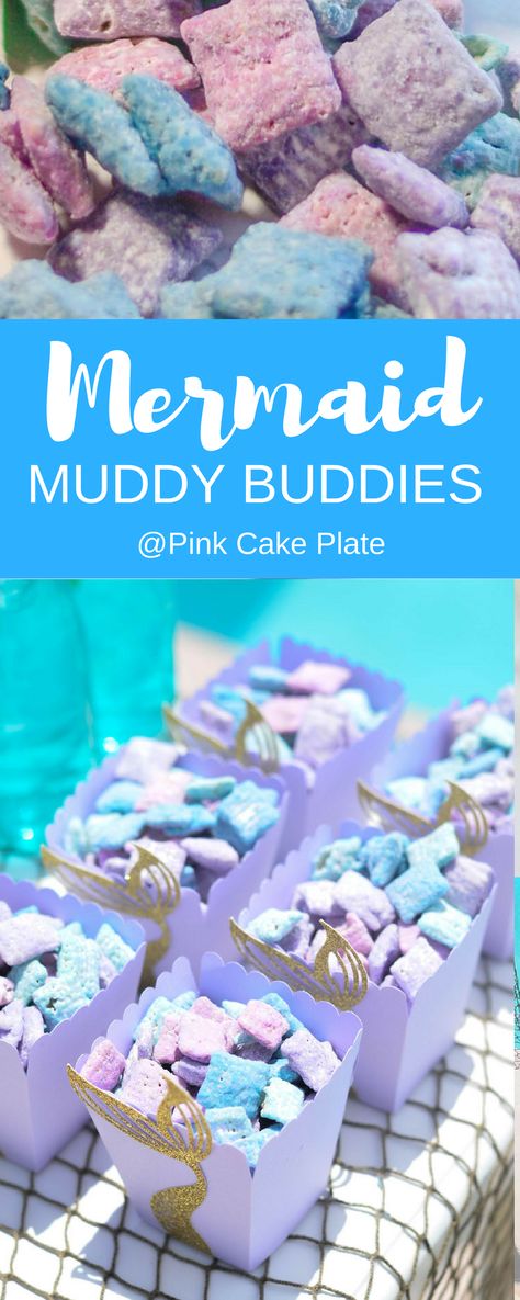 Deliciously wrapped in candy melts and powdered sugar these Mermaid Muddy Buddies are a must have at your next Mermaid party. via @Pinkcakeplate Mermaid Birthday Party Food, Mermaid Party Food, Lila Party, Cousin Camp, Girl Shower Themes, Mermaid Theme Birthday Party, Muddy Buddies, Mermaid Baby Showers, Mermaid Parties