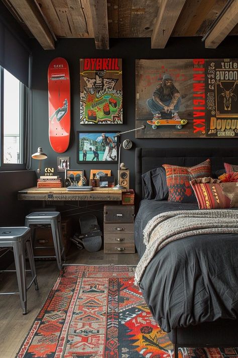 29 Street Style Bedroom Ideas for an Edgy and Urban-Inspired Sanctuary 9 Concrete Floors Bedroom Ideas, Skate Room Aesthetic, Interesting Bedrooms, Grunge Home Decor, Home Decor Ideas Men, Skateboarding Aesthetic, Mens Bedroom Decor, Chill Room, Bedroom Setup