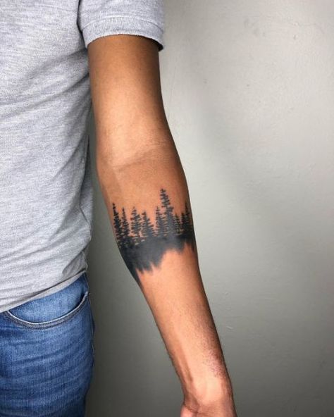 Mountain Ocean Arm Band Tattoo, Tree Band Tattoo Arm, Forest Wrist Tattoo, Coverup Tattoo Ideas For Men Forearm, Mtb Tattoo, Shoulder Cover Up Tattoos, Upper Shoulder Tattoo, Moutain Tattoos, Tato Design