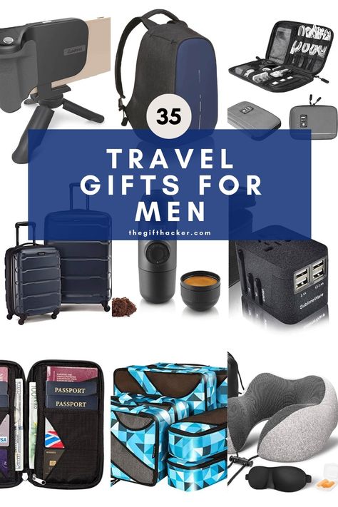 Travel gift items including a phone tripod, cable storage pouch, international power adapter, backpack, portable espresso maker, packing organizer set, passport holder, lightweight luggage set, and comfortable travel pillow. Gifts For Men That Travel, Men’s Travel Essentials, Gifts For Hikers Men, Travel Gift Ideas For Him, Travel Gift Basket, Travel Gifts For Men, Manly Gifts, Useful Gift Ideas, Gifts For Pilots