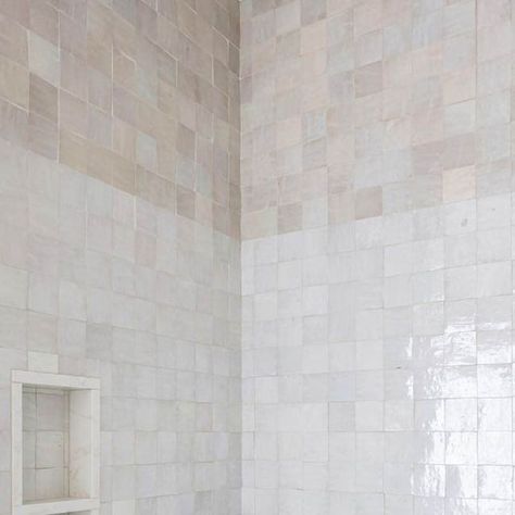 Zia Tile Pure White Zellige, Scallop Bathroom Tile, Two Tone Shower Tile Ideas, White Zellige Tile Bathroom, Zia Tile Bathroom, Zellige Tile Bathroom, Rosemary Beach Homes, Honed Marble Floor, Parents Bathroom