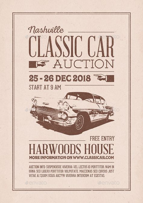 Classic Car Auction Flyer/Poster. Event flyer template. #flyer #design #printDesign #auction #brown #car #classic #clear #event #frame #line #new #OldSchool #original #poster #price #professional #pure #quality #red #retro #texture #typography #vectors #vintage #washed #white Vintage Flyers Design, Classic Posters Vintage, Brown Poster Design, Auction Poster Design, Car Event Poster, Vintage Event Poster, Vintage Flyer Design, Brown Graphic Design, Auction Poster