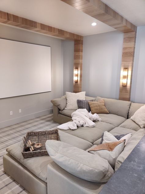 Bonus Room Movie Room Ideas, Media And Playroom Ideas, Comfy Basement Furniture, Master Bed With Couch At End, Movie Room Sectional, Cozy Basement Movie Room, Cozy Bonus Room Ideas, Movie Room With Sectional, Farmhouse Media Room