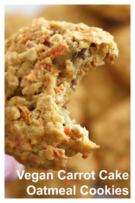 Vegan Carrot Cake Oatmeal Cookies - Living Vegan Vegan Carrot Cake Oatmeal, Carrot Cake Oatmeal Cookies, Carrot Cake Cookies Recipe, Carrot Desserts, Vegan Carrot Cake, Old Fashioned Oats, Carrot Cookies, Carrot Cake Oatmeal, Vegan Baking Recipes