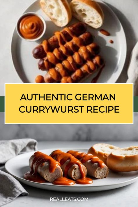 Authentic German currywurst with sauce and bread slices on a plate. German Currywurst, Currywurst Recipe, Crusty Rolls, Curry Ketchup, German Sausage, Ketchup Sauce, Spicy Curry, Measuring Ingredients, Spicy Sausage