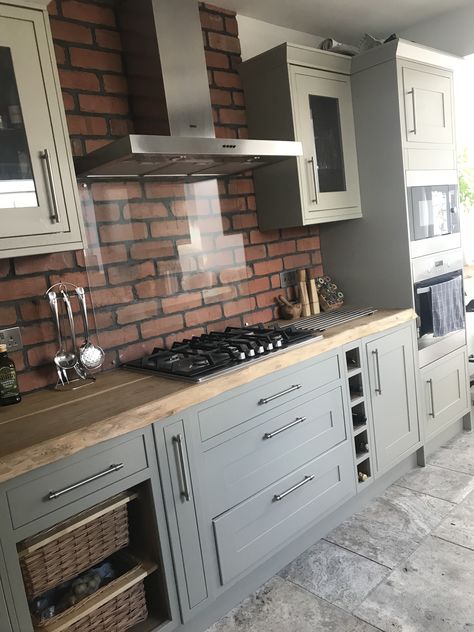 Green Kitchen Cupboards, Brick Kitchen Wall, Kitchen With Brick Wall, Kitchen Brick Wall, Wickes Kitchens, Brick Wall Kitchen, Sage Green Kitchen, Kitchen Set Up, Industrial Kitchen Design