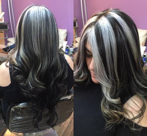 Platinum Highlights On Black Hair, Plain Brown Hair, Black Hair With Grey Highlights, Brown Hair With Silver Highlights, Black And Silver Hair, Styles Natural Hair, Hair Styles Natural, Highlights On Black Hair, Platinum Highlights