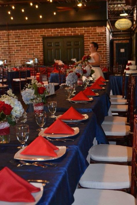 Red And Blue Table Setting, Red White Blue Centerpieces, Red White And Blue Wedding Theme, Blue Sweetheart Table, Quince Decorations Red, Red White Blue Wedding, Crab Feed, Senior Banquet, Project Graduation