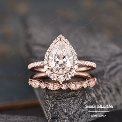 3.5ct Pear Cut Moissanite Engagement Ring Set Pear Shaped | Etsy Pear Shaped Wedding Ring, Pear Shaped Wedding Rings, Shaped Wedding Ring, Wedding Rings Teardrop, Rose Gold Bridal Set, Wedding Ring Rose Gold, Moissanite Engagement Ring Rose Gold, Gold Bridal Set, Moissanite Ring Set