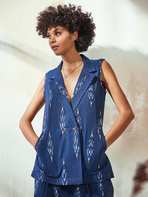 Designed Clothes, Tunic With Pants, Fitted Tunic Tops, Wings Dress, Fitted Tunic, Sustainable Clothing Brands, Ikat Fabric, Marine Blue, Made Clothing