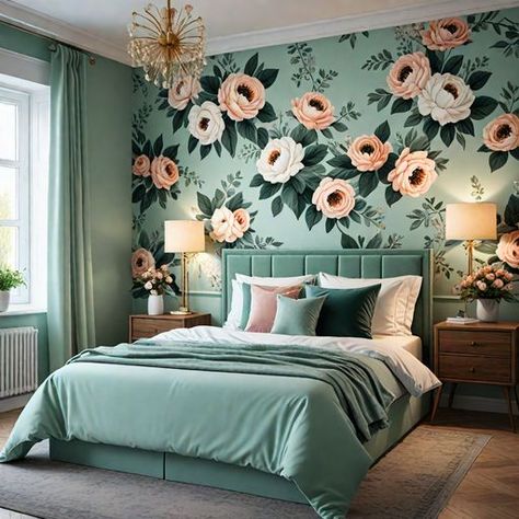 Bedroom With Flowers, Bedroom Wall Colour Combination, Blue Green Bedrooms, Mint Green Bedroom, Mint Bedroom, Mint Green Walls, Elegant Bathroom Design, Wall Color Combination, Teal Bedroom