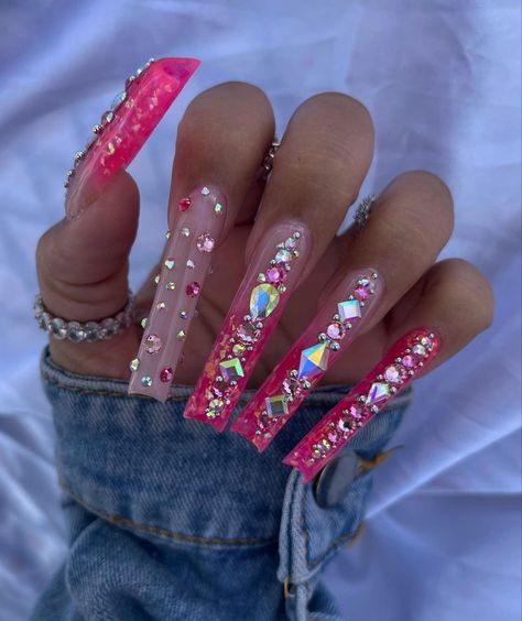 Hot Pink Bling Nails, Pink Bling Nails, Gold Acrylic Nails, Tapered Square Nails, Acrylic Nail Set, Long Acrylic Nail Designs, Blue Acrylic Nails, Cute Acrylic Nail Designs, Glow Nails