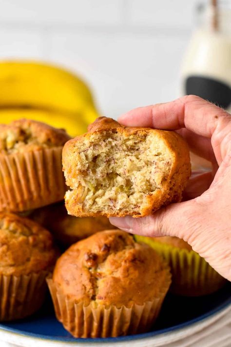 These Eggless Banana Muffins are the most fluffy, soft banana muffins made with no eggs and refined sugar free. It's a great banana muffin recipe for anyone allergic to eggs, or on a vegan diet. Eggless Muffin Recipes Egg Free, Banana Muffins Without Eggs, No Egg Banana Muffins, Banana Muffins No Egg, No Egg Muffins, Egg Free Banana Muffins, Gluten Free Banana Bread Muffins, Dairy Free Banana Muffins, Eggless Banana Muffins