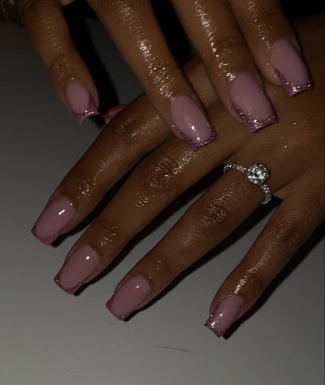 Square Glitter Tip Nails, Glitter Lined French Tip Nails, Pink Reflective Glitter Nails French Tip, Lavender Glitter French Tip Nails, Light Pink Glitter French Tip Nails, Almond Glitter French Nails, Pink Sparkle French Tip, Pink French Tip Nails With Glitter, Pink Sparkle French Tip Nails