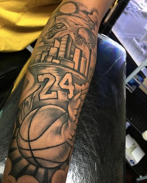 Basketball Memorial Tattoo, Basketball Sleeve Tattoo, Basketball Tattoos Ideas For Women, Sports Tattoos For Men Ideas, Basketball Tattoos For Men Ideas, Basketball Tattoo Design, Basketball Tattoos For Men, Basketball Tattoo Ideas, Kobe Tattoo