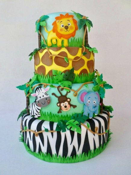 Bolo Fake Safari, Jungle Safari Cake, Jungle Birthday Cakes, Safari Baby Shower Cake, Safari Theme Birthday Party, Safari Baby Shower Boy, Jungle Theme Cakes, Animal Themed Birthday Party, Boys 1st Birthday Cake