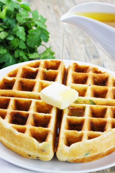 The Stay At Home Chef: Bacon-Jalapeno Cornbread Waffles with Honey Butter Syrup Butter Syrup Recipe, Cornbread Waffle, Cornbread Waffles, Butter Syrup, The Stay At Home Chef, Jalapeño Cornbread, Waffle Iron Recipes, Stay At Home Chef, Crepes And Waffles