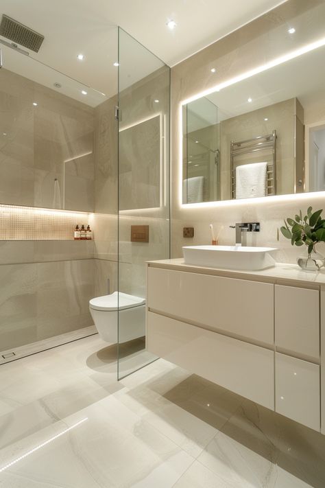 Transform Your Space: Stylish & Modern Bathroom Design Ideas Modern Bathroom Design Ideas, Illuminated Mirror, Shower Area, Bathroom Oasis, Timeless Bathroom, House Redesign, Bright Bathroom, Mounted Toilet, Washroom Design