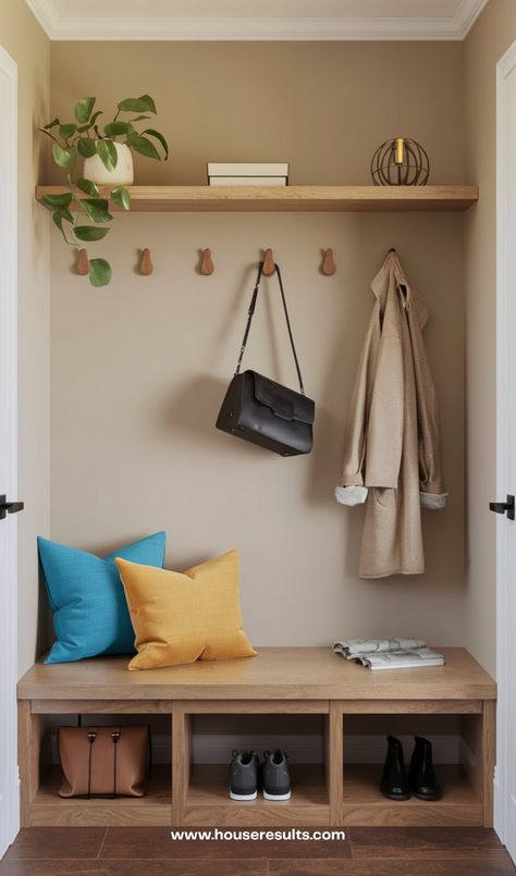 17 Modern Mudroom Entryway Ideas - HouseResults Front Entry Hooks And Bench, Mudroom Ideas Entryway Small Apartment, Midcentury Modern Mudroom Entryway, Entrance Drop Zone, Entryway Coat Storage Ideas, Mail Entryway Ideas, Entryway Wardrobe Ideas, Kids Entryway Organization, Drop Station Entryway