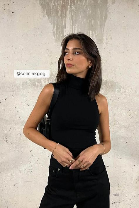 Black Mock Neck Top Outfit, Turtle Neck Tank Top Outfit, Mock Neck Top Outfit, High Neck Outfit, Black Tank Tops Outfit, Black Mock Neck Top, Black High Neck Top, Africa Trip, Summer Night Outfit