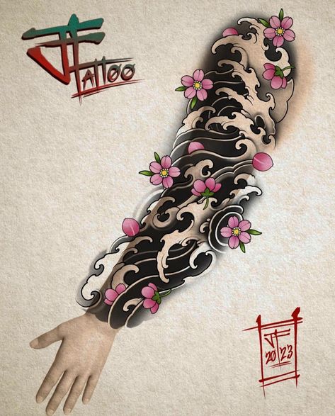 Solid Tattoo, Traditional Japanese Tattoo Sleeve, Japanese Wave Tattoos, Red Tattoo Ideas, Red Ink Tattoo, Tattoo Japanese Style, Wave Tattoo Design, Japanese Flower Tattoo, Forearm Band Tattoos