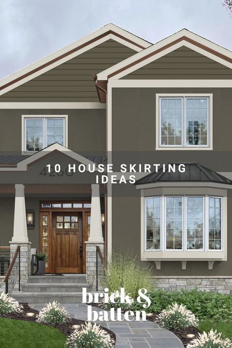 House skirting may not be the most talked about exterior design element, but it is important! See some of our favorite designs featuring house skirting and learn from our application ideas, unique material choices, and color pairing recommendations: https://bit.ly/40znak3 Exterior Skirting Ideas, Side Of House Curb Appeal, Foundation Colors For House, House Skirting Ideas Exterior Diy, Painted House Foundation, Foundation Ideas Exterior, Brick Skirting House, Pier And Beam House Skirting, Stone Skirting House