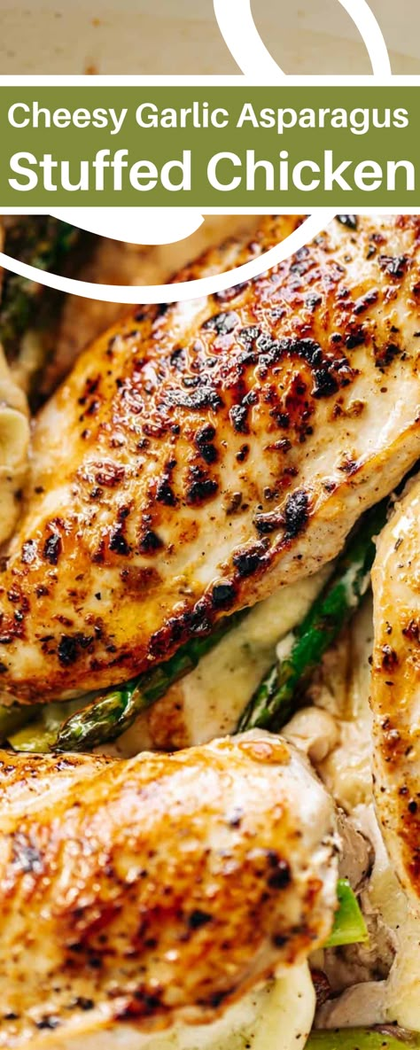 Mozzarella Stuffed Chicken Breast, Asparagus Stuffed Chicken, Stuffed Chicken Recipe, Garlic Asparagus, Asparagus Stuffed Chicken Breast, Chicken Dinner Recipe, Stuffed Chicken Breasts, Healthy Dinner Recipe, Stuffed Chicken Breast