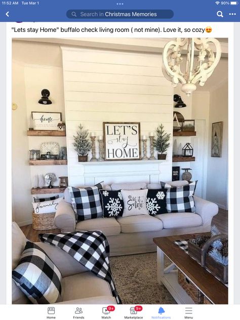 Buffalo Plaid Living Room, Cozy Farmhouse Christmas, Winter Living Room Decor, Plaid Pillows, Farmhouse Life, Winter Living Room, Chic Christmas Decor, Farmhouse Living Room Decor Ideas, Farmhouse Style Christmas