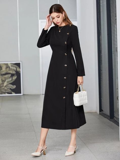 Button Front Solid A-line Dress | SHEIN USA Black Button Up Dress Long Sleeve, Elegant Spring Dresses Classy, Plain Fabric Dress Designs, Elegant Dresses For Women Classy, Elegant Winter Dresses, A Line Dress Casual, Elegant Work Dress, Modest Dresses Fashion, Velvet Dress Designs