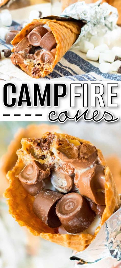 BEST CAMPFIRE CONES Fun Campfire Food, Bonfire Food, Campfire Cones, Pretzel Brownies, Campfire Snacks, Waffle Cone Recipe, Campfire Smores, Campfire Desserts, Camping Desserts