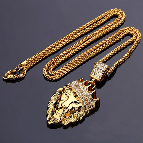 Hip Hop Fashion Gold Chain King Crown Lion Head Pendant Gold Necklace for Men Gold Chains For Men Unique, Neckless Gold, Gold Pendants For Men, Gold Necklace For Men, Crown Pendant Necklace, Jewelry Bangles, Crown Pendant, Circle Jewelry, Lion Necklace