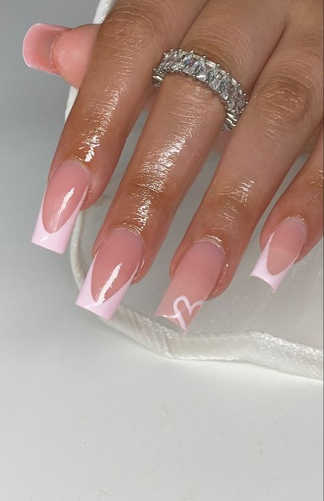 Pink nails Simple Pink French Nails, Light Pink French Tip Nails With Design, Light Pink V Tip Nails, Light Pink Nails For Prom, Pretty In Pink Nails, Nails For 15 Yrs Old, Baby Pink Nails With Design Art Ideas, Baby Pink Birthday Nails, Pink French Tip Nails With Gems