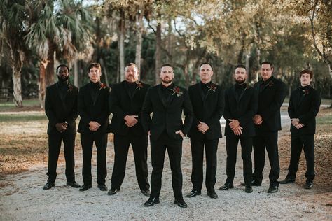 Black on Black Tuxedos for Groomsmen. Not smiling and absolutely delicious 🤤 Safe And Black Wedding, Black Out Tux Wedding, All Black Wedding Tuxedo Grooms, Mens Black Wedding Attire, All Black Wedding Suits Men, Black Wedding Men Suit, All Black Groomsmen Attire Wedding, Weddings Guests All Black, Tuxs For Wedding