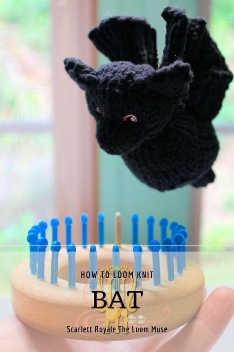 Click to learn how to loom knit this bat on any 24 peg loom!!! The bat is part of a 50 Loom Knit Stuffed Animal book. Loom Stuffed Animals, Loom Knit Easy Projects, Small Loom Knitting Projects, Loom Crochet Patterns Free, Loom Knit Bookmark, Loom Knit Halloween Projects, Halloween Loom Knitting, Loom Knit Halloween, Looming Projects For Beginners