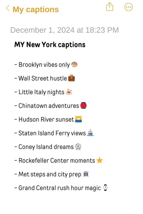 Notes app mockup filled with unique City Photo Captions, Brooklyn Quotes New York, and Nyfw Captions for Instagram. New City Captions, Nyc Captions Instagram, Taylor Swift Baddie, Photo Dump Captions, City Captions, New York Instagram, Staten Island Ferry, Baddie Vibes, Rockefeller Center