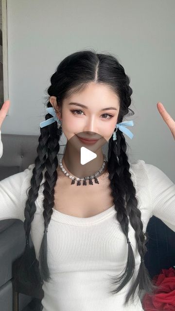 Fiona Xue on Instagram: "who wants to get more cute? Plz try this twin braids hairstyle  You will love 🫶🏻💕" Braided Hairstyles Korean, Twin Braids Hairstyles, Twin Tails Hairstyles, Braided Hairstyles Simple, Korean Braided Hairstyle, Cute Korean Hairstyles, Braided Hairstyles For School, Tail Hairstyle, Braided Pony