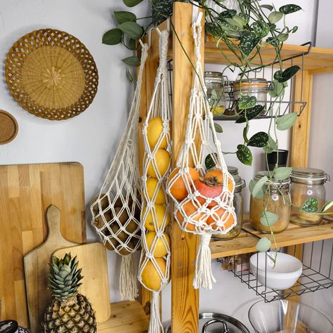 Macrame Fruit Hanger, Hanging Vegetable Basket, Fruit Hanger, Hanging Baskets Kitchen, Plastic Bag Storage, Produce Storage, Hanging Fruit Baskets, Fruit Bag, Fabric Hanging